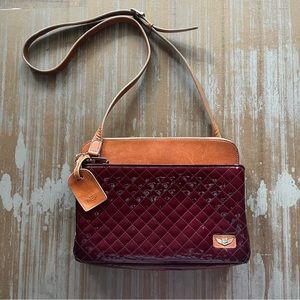 Elegant Burgundy and Tan Quilted Shoulder Bag